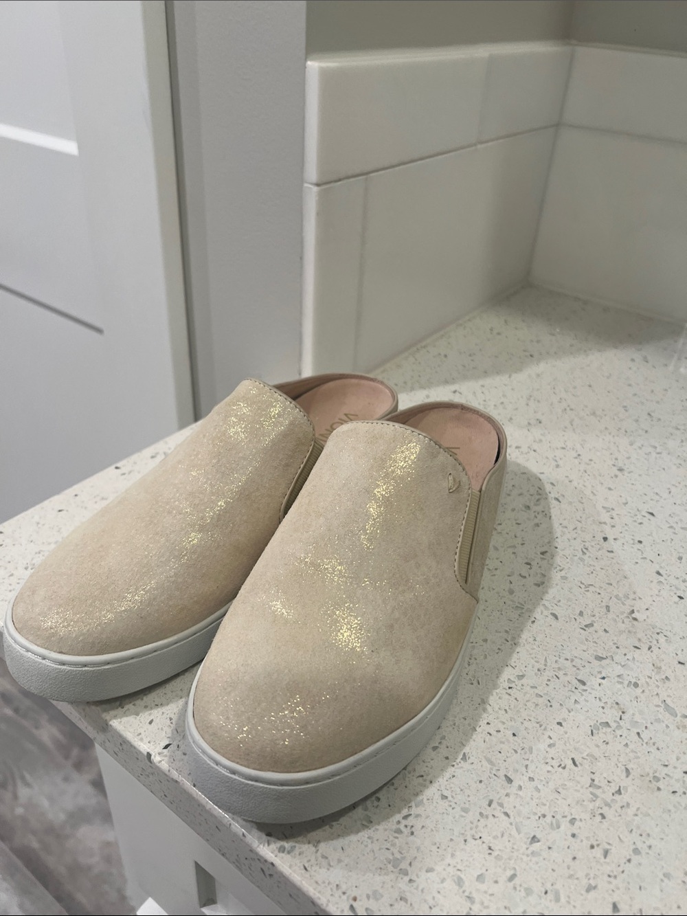 Vionic Shimmery Beige Slip-On Mules